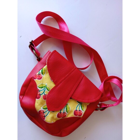 Handmade Cross Body Bag Red Faux Leather w/ Yellow & Cherry Retro Cotton - Picture 1 of 15